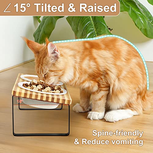 Sunhoo Ceramic Elevated Cat Bowls with Bamboo Stand, Raised Double Dish for Food and Water Z263