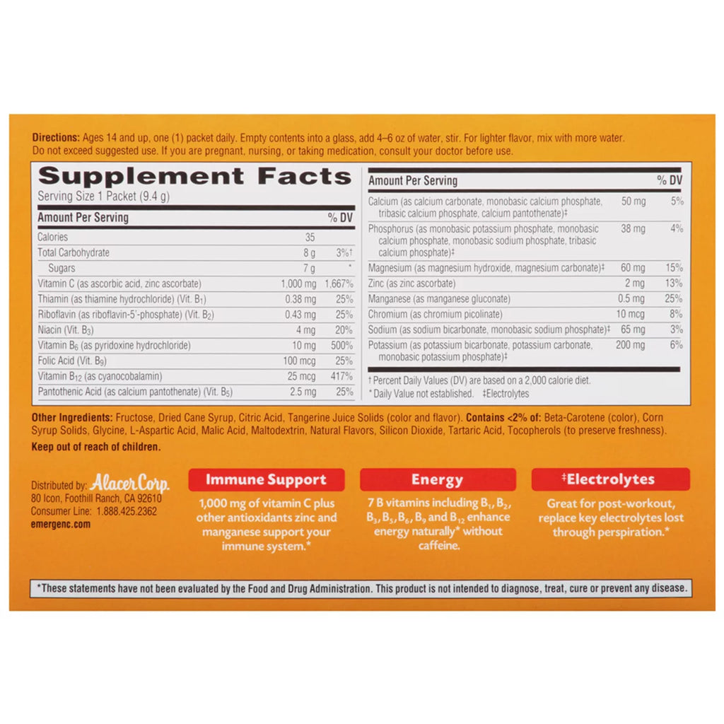 Emergen-C 30 Count Tangerine Flavor Dietary Supplement Drink Mix with Vitamin C N7580