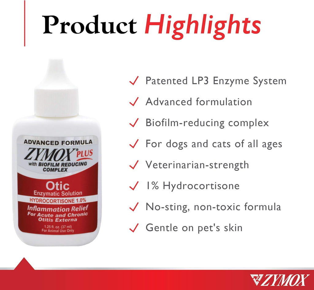 Zymox Advanced Formula Otic Plus Enzymatic Ear Solution with 1% Hydrocortisone for Dogs and Cats, 1.25oz X140336