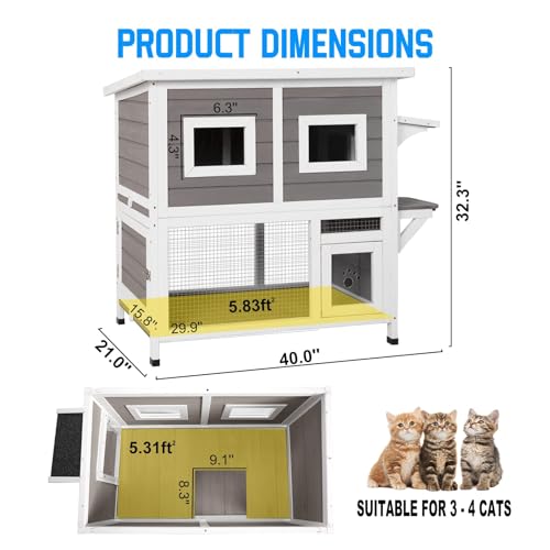 Outdoor Cat House Weatherproof Two Story Wooden Shelter with Ladder U54029