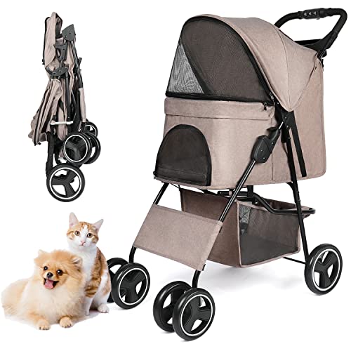 Pet Dog Stroller, Four Wheels Cat Dog Stroller with Storage Basket, Handle 360° Front Wheel Rear Wheel with Brake for Small Medium Dogs Cats Travel Folding Carrier Stroller (Navy Blue)
