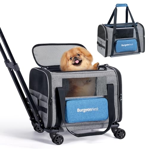 BurgeonNest Cat Carrier with Wheels, Airline Approved Pet Carrier for Cats Dogs 15 lbs with Telescopic Handle, Small Dog Carrier with Wheels Removable, Soft Rolling Cat Carrier with Large Pocket