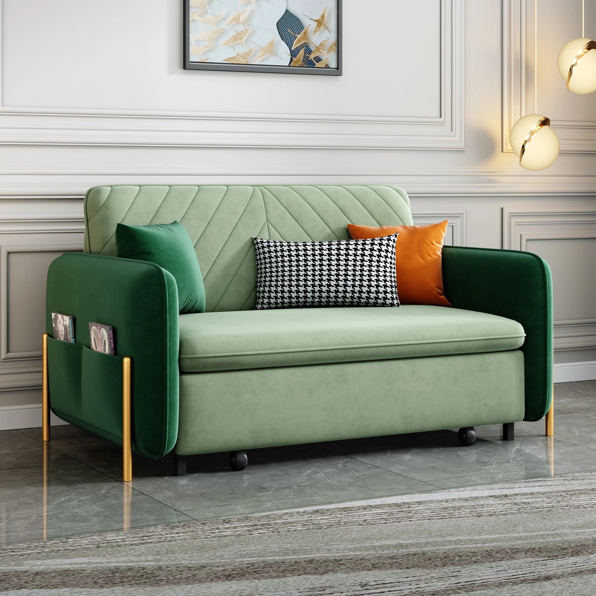 Green Velvet Convertible Sofa Bed Sleeper with Pullout Bed S663779