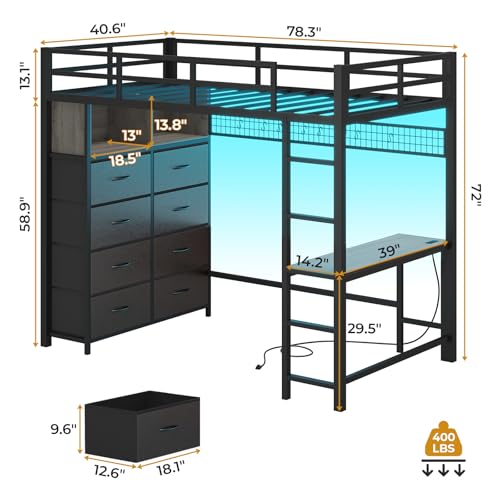 ADORNEVE Twin Size Loft Bed with Desk, LED Lights & Charging Station, White N63088
