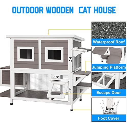 Outdoor Cat House Weatherproof Two Story Wooden Shelter with Ladder U54029