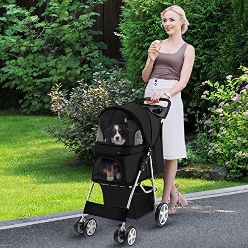 Giantex Folding Dog Stroller for Small Medium Dogs Cats with 4 Lockable Wheels, Navy Q23024