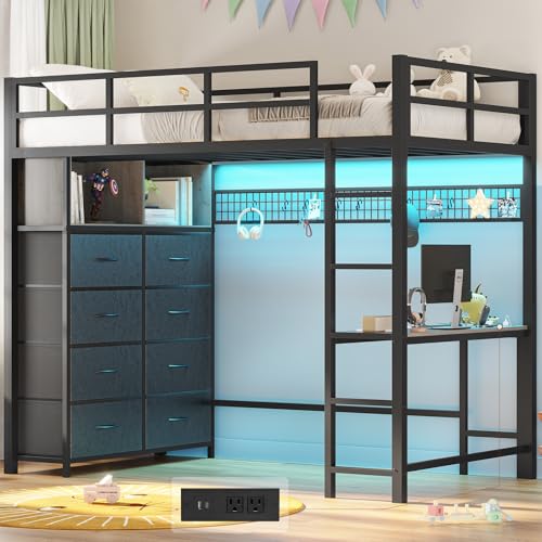 ADORNEVE Twin Size Loft Bed with Desk, LED Lights & Charging Station, White N63088