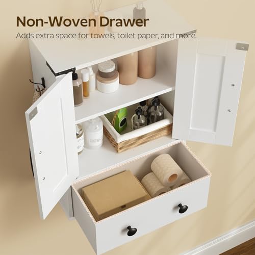 Bathroom Wall Cabinet with Fabric Drawer, Double-Door, White E479