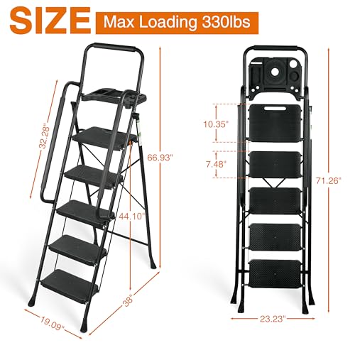 3 Step Ladder, Portable Steel Folding Stool with Anti-Slip Pedal, Black T5115