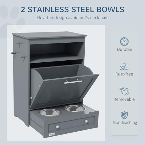 PawHut Pet Feeder Station Storage Cabinet with Raised Bowls, White H257780