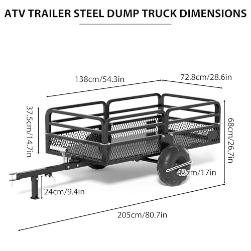 Heavy Duty Steel Dump Cart ATV Trailer, 1500 lbs, 15 cu ft, Removable Sides P8183