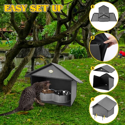 Dreyoo Outdoor Cat Feeding Station Weatherproof Shelter for Food & Water, Dusty Blue Y29685
