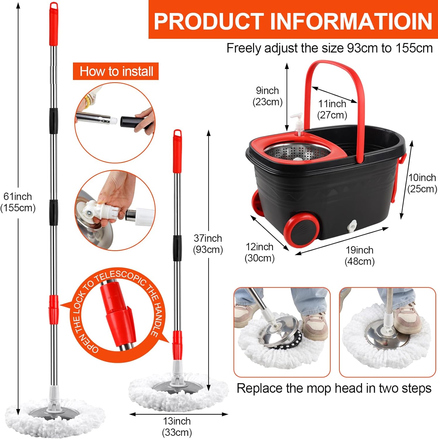 Spin Mop and Bucket with Wringer Set, 360° Rotating, 3 Microfiber Mops Y1467