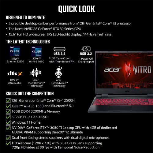 Acer Nitro V Gaming Laptop 15.6" FHD 144Hz, RTX 2050, i5-13420H O78707
