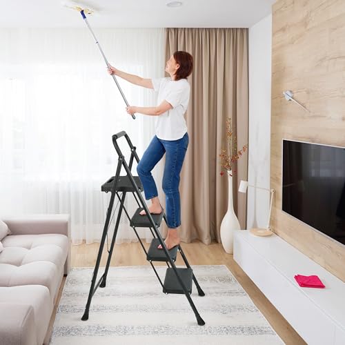 3 Step Ladder, Portable Steel Folding Stool with Anti-Slip Pedal, Black T5115