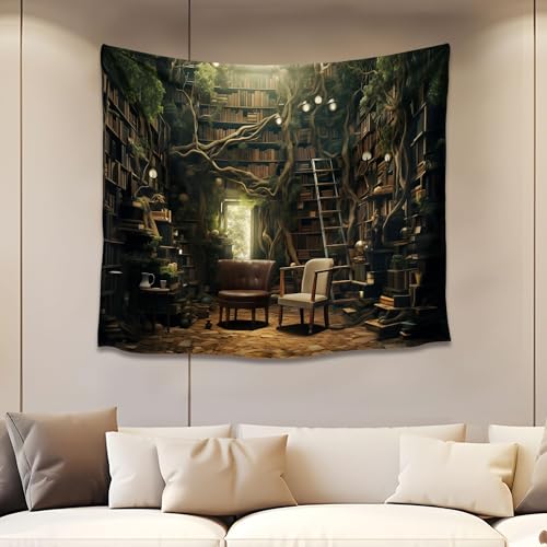 QGHOT Medieval Bookshelf Tapestry Vintage Library Wall Hanging P36533