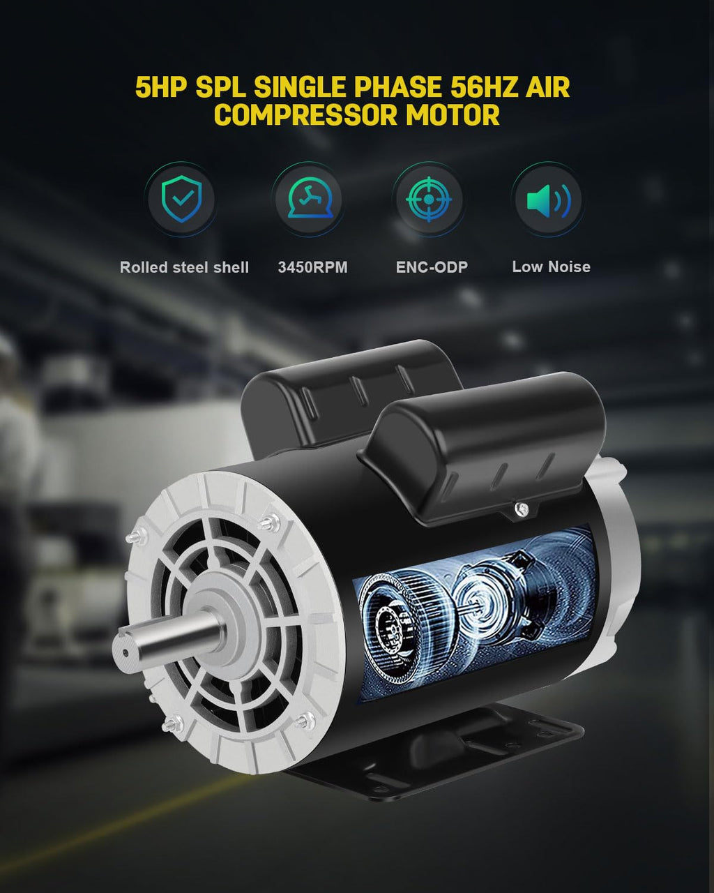 5 HP SPL Air Compressor Motor, 3450 RPM, 230V, 56HZ Frame G22706