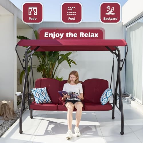 800LBS Patio Swing with Canopy 3 Seat Outdoor Porch Swing with Stand, Cup Holder & Pillow (Green) O887