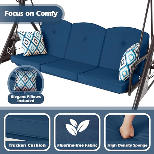 800LBS Patio Swing with Canopy 3 Seat Outdoor Porch Swing with Stand, Cup Holder & Pillow (Green) O887
