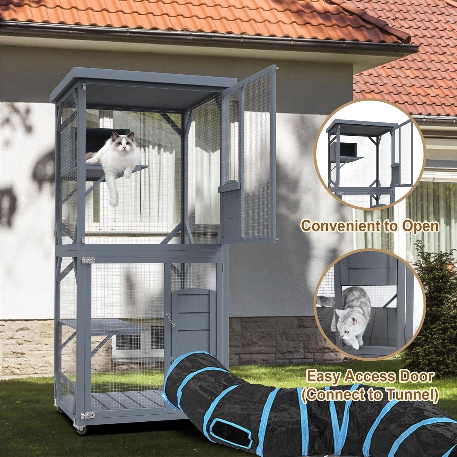 Wooden Catio Outdoor Cat House with Run on Wheels for Multiple Cats Y34890