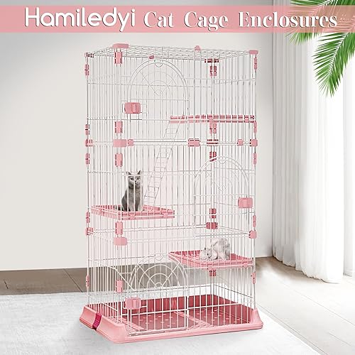 Hamiledyi Indoor Cat Cage 52 Inches Large Pet Crate with 3 Platforms and 1 Ramp Ladders (Pink) O39080