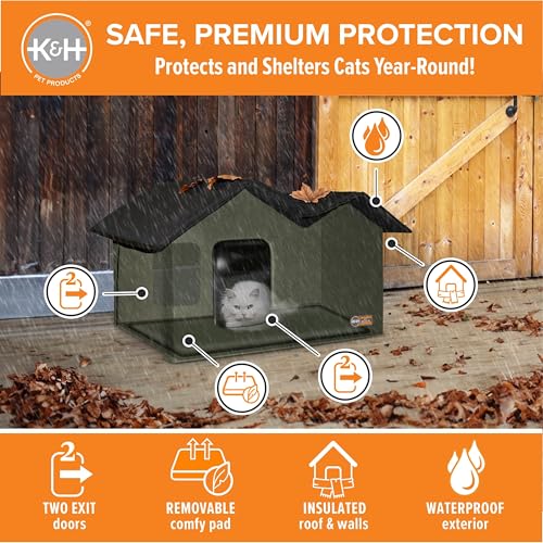 K&H Pet Products Extra-Wide Heated Outdoor Cat House, Weatherproof Insulated Shelter, 2 Doors, Olive G573