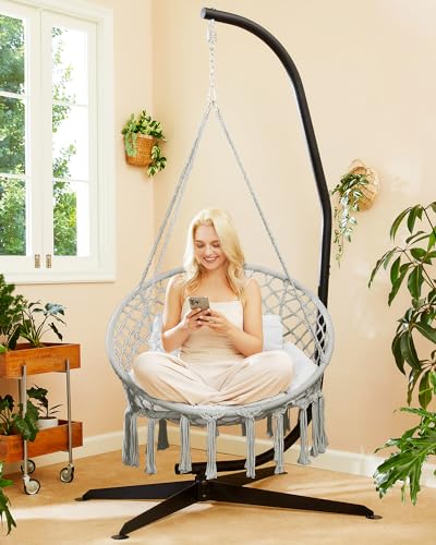 Greenstell Hammock Chair, Macrame Swing Chair with Cushion, Indoor & Outdoor, Beige G7957