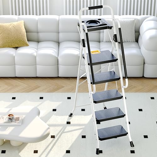 KINGRACK 3 Step Folding Ladder, 800lbs Capacity, Non-Skid Wide Pedals, White W71585