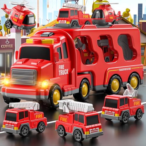 TEMI Construction Truck Toys for Toddlers 3-5, 7-in-1 Friction Power Vehicle Car Set O436