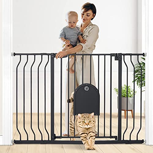 COMOMY 29.5-48.4" Baby Gate with Adjustable Cat Door,Extra Wide Metal Cat Gate for Stairs Doorways, Auto Close Dog Gate with Pet Door for House, Pressure Mounted Easy Walk Through (30" Tall, Black)