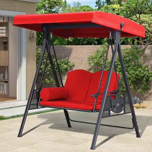 PURPLE LEAF Outdoor Patio Porch Swing with Adjustable Canopy, 3-Seat Bench, Grey W393