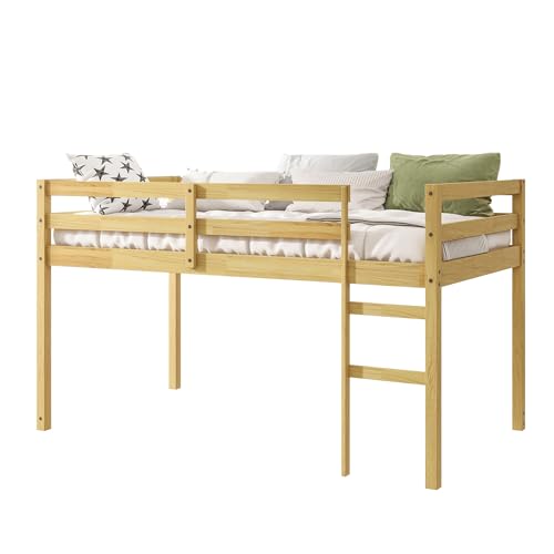 Twin Size Low Loft Bed with Ladder and Safety Guardrail, Solid Wood, White D5235