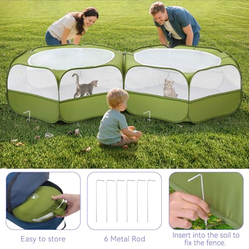 Pawaboo Small Animals Playpen, Waterproof Pet Cage Tent with Zippered Cover, Portable Outdoor Yard Fence, Green C9530