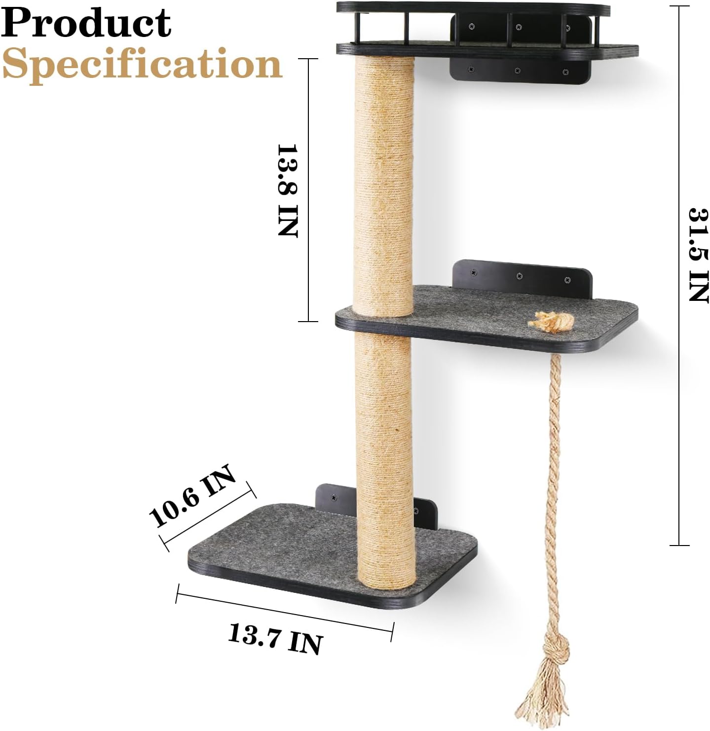 Wall-Mounted Cat Shelves 3-Tier Cat Tower with Scratching Post T619