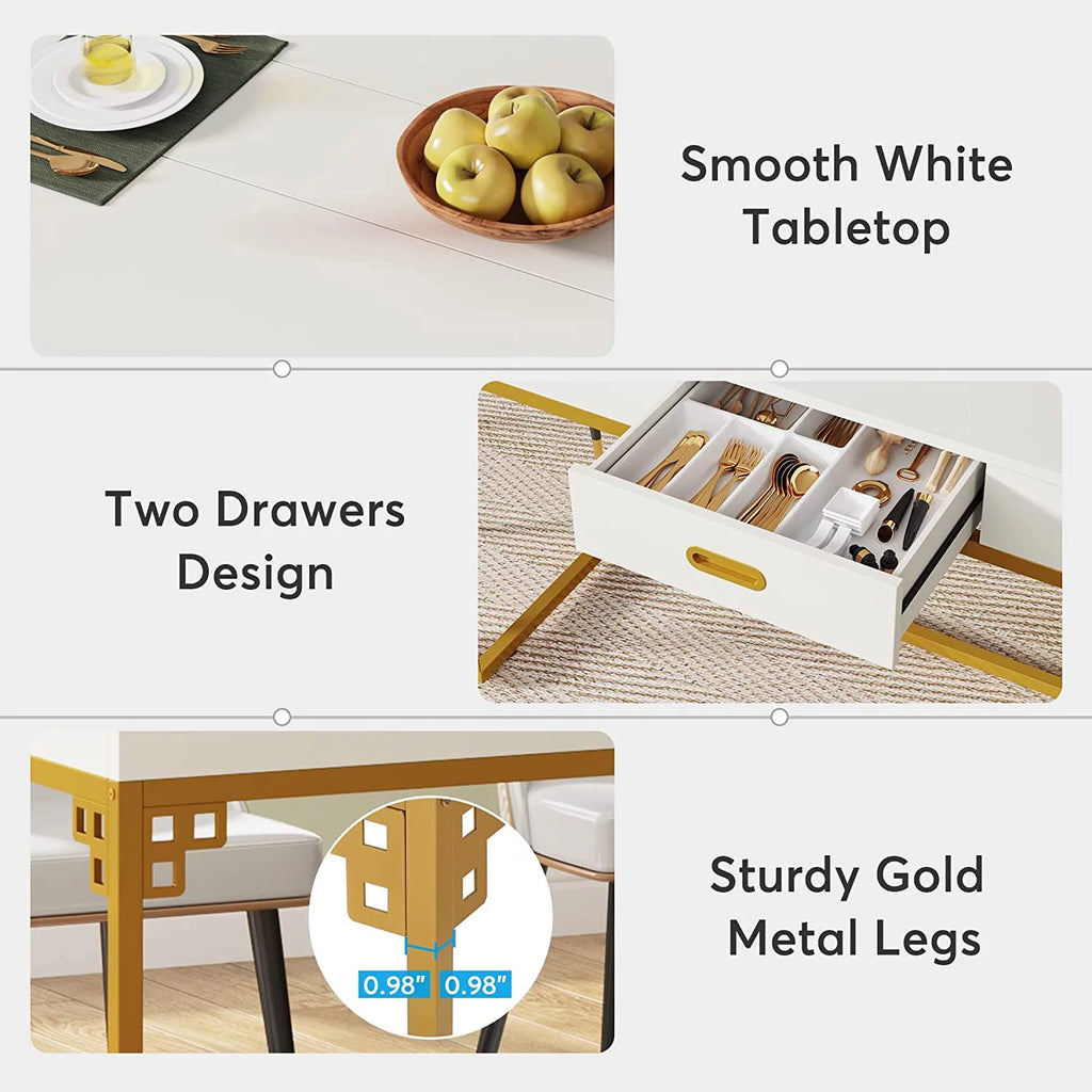 RUNFAYBIU 63 Inch Rectangular Dining Table with 2 Drawers, White & Gold I877577