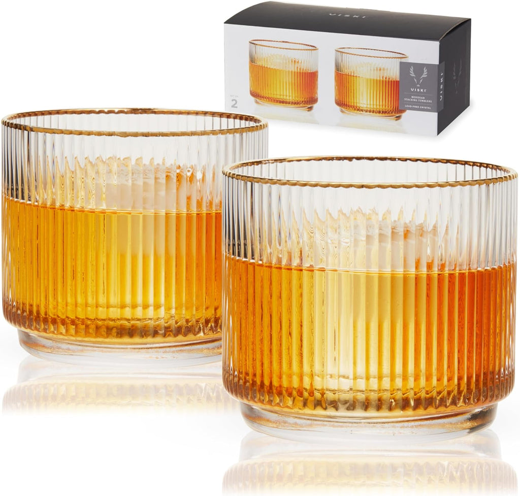 Viski Meridian Crystal Lowball Tumblers, Art Deco Whiskey Glasses, Crystal Scotch Glasses, Crystal Old Fashioned Glasses, Ribbed Glassware 12oz Set of 2