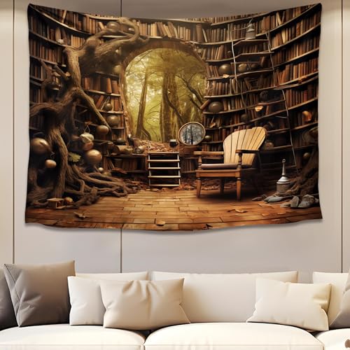 QGHOT Medieval Bookshelf Tapestry Vintage Library Wall Hanging P36533