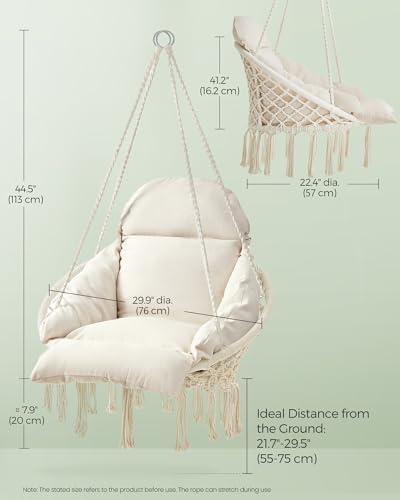 SONGMICS Hanging Chair with Large Thick Cushion, Boho Swing Chair, Cream White C225966