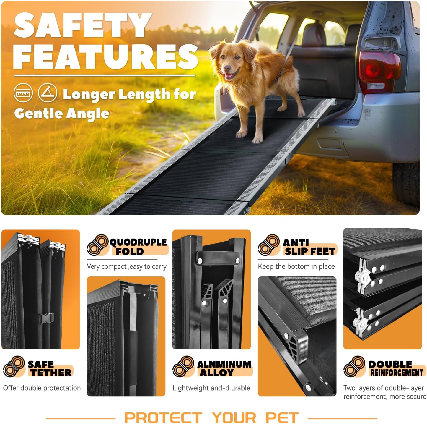 Foldable Dog Car Ramp for Large Dogs, 71" Non-Slip, Extra Wide Z6067