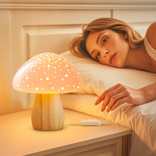 BOHON Mushroom Lamp, Ceramic Bedside Nightstand Light, Pink, LED Bulb Included T88188