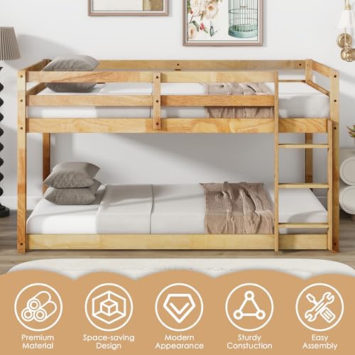 Twin Over Twin Wood Bunk Bed with Ladder and Guardrails for Kids P604