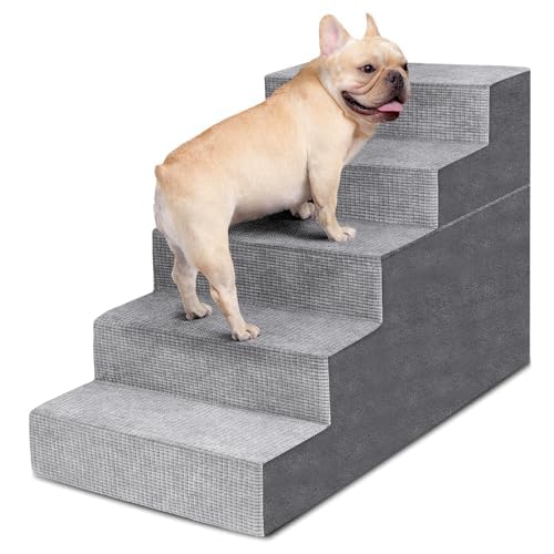 Heeyoo Dog Stairs for Small Dogs,5-Step Dog Steps for High Bed and Couch, High-Density Foam Pet Steps with Supporting Board, Non-Slip Removable Washable Cover, Grey, 23" High