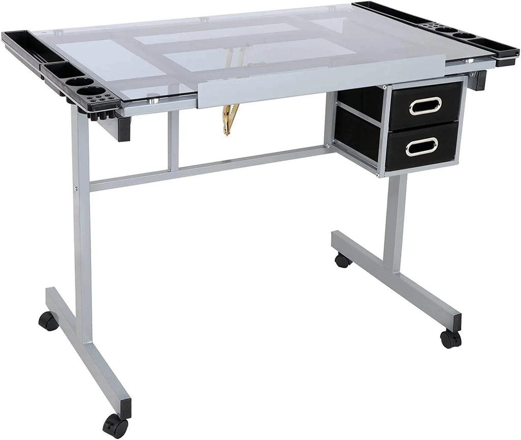 KHBIULIFE Adjustable Drafting Table with Tempered Glass Top and 2 Drawers R8017