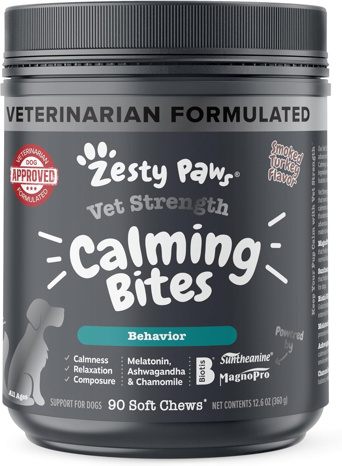Zesty Paws Calming Chews for Dogs - Dog Calming Chews with Melatonin for Dogs Composure & Relaxation - Calm for Dogs Everyday Separation Stress & Nervousness - Vet Strength, Smoked Turkey - 90ct