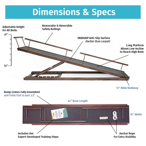 Dog Ramp for Beds - Solid Hardwood, Adjustable up to 37" High, for Small Dogs up to 50lbs F8083
