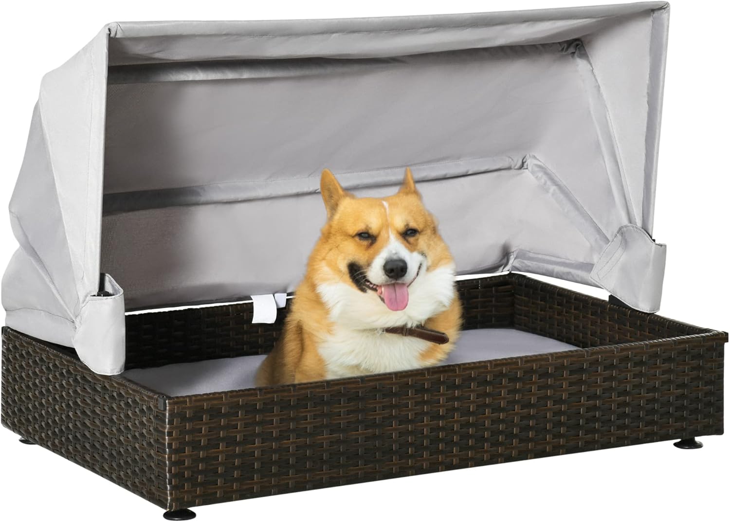 Rattan Dog Bed, Elevated Pet Sofa with Foldable Canopy, Indoor/Outdoor Wicker Dog Bed, Adjustable Roof, Waterproof Cushion, Coffee