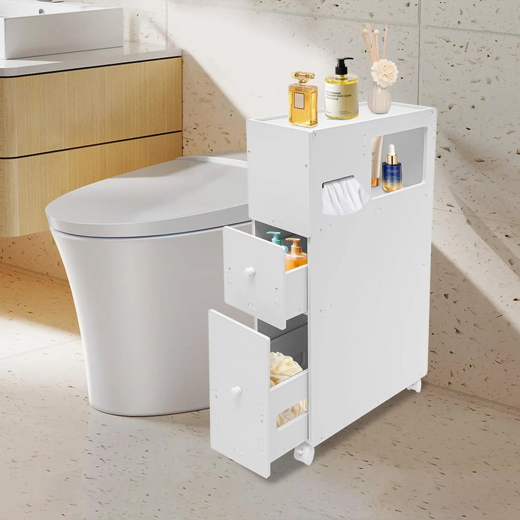 Slim Bathroom Storage Cabinet with Toilet Roll Holder on Wheels H204