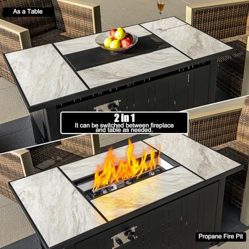 30" Propane Fire Pit Table with Ceramic Top, 50000 BTU, Outdoor Gas Firepit with Lid & Glass Rock Y964