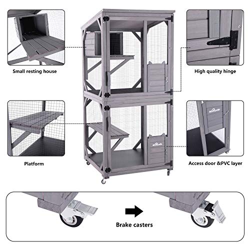 Aivituvin Outdoor Catio Wooden Large Enclosure with Wheels, Waterproof Roof Grey F897658