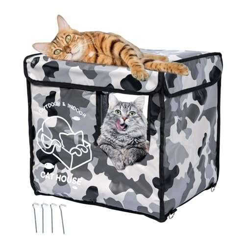 Cat House Outdoor with Two-Sided Escape Door, Insulated and Waterproof, Outside Weatherproof Feral Cat Shelter for Winter, Oxford Cloth Upgraded (Green, s)